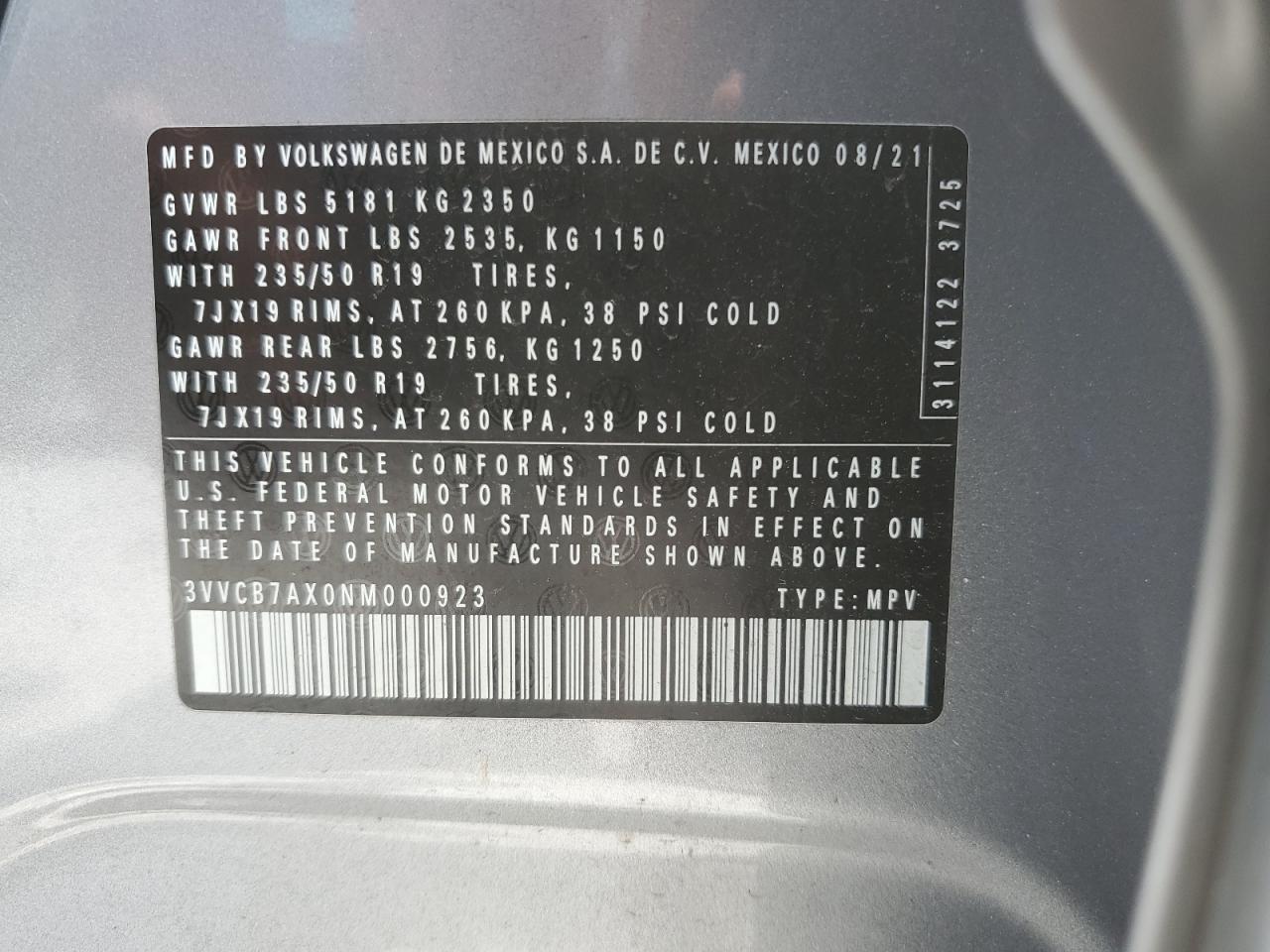 3VVCB7AX0NM000923 2022 Volkswagen Tiguan Se R-Line Black