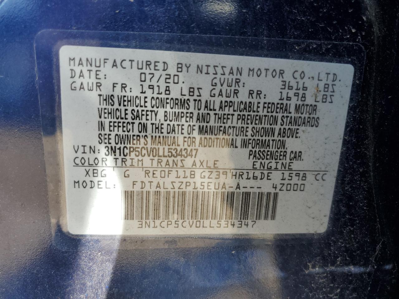 3N1CP5CV0LL534347 2020 Nissan Kicks Sv