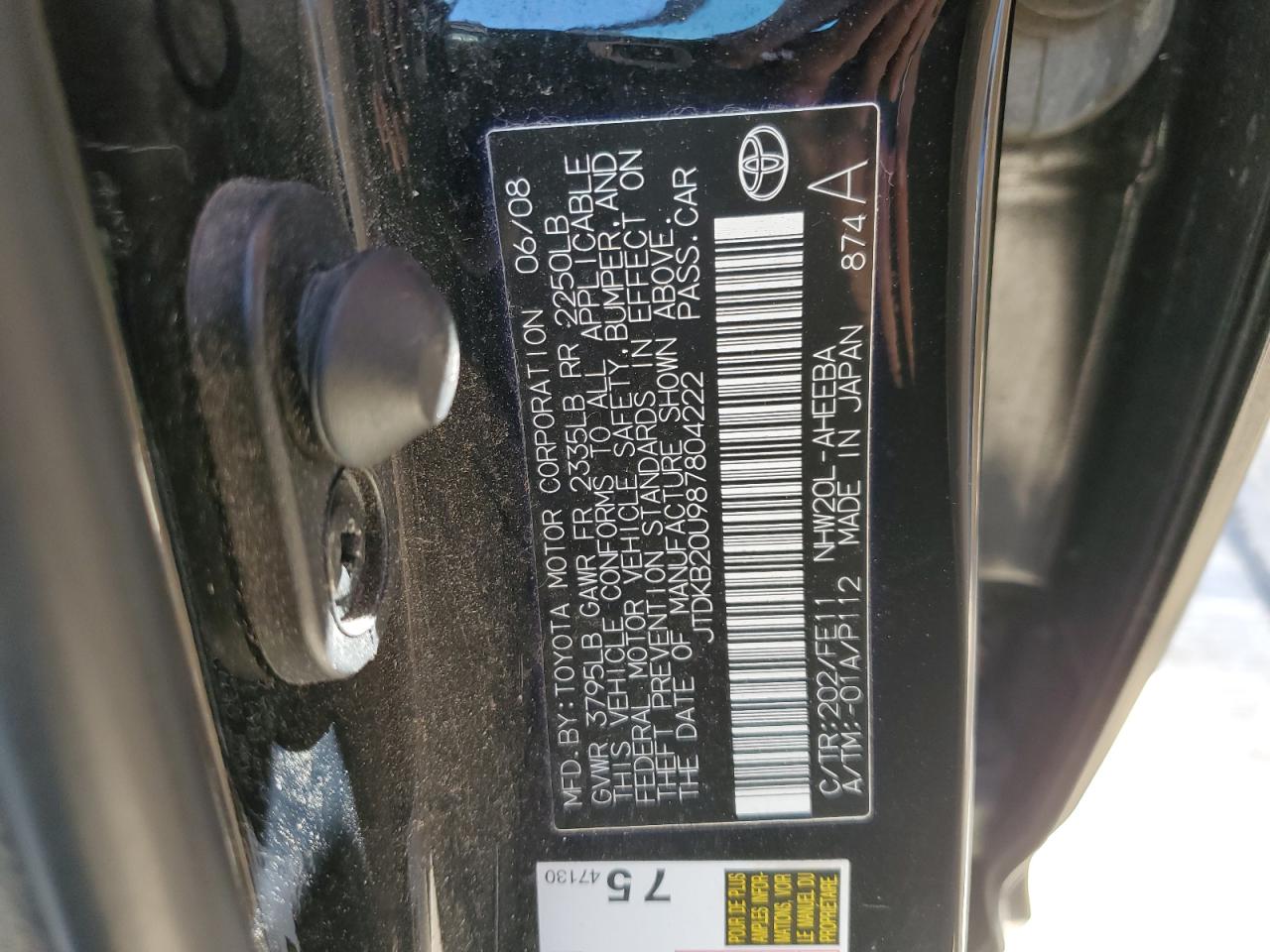 JTDKB20U987804222 2008 Toyota Prius