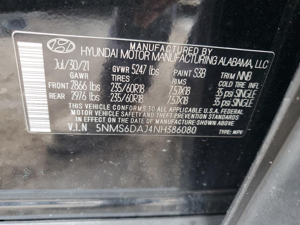 5NMS6DAJ4NH386080 2022 Hyundai Santa Fe Sel