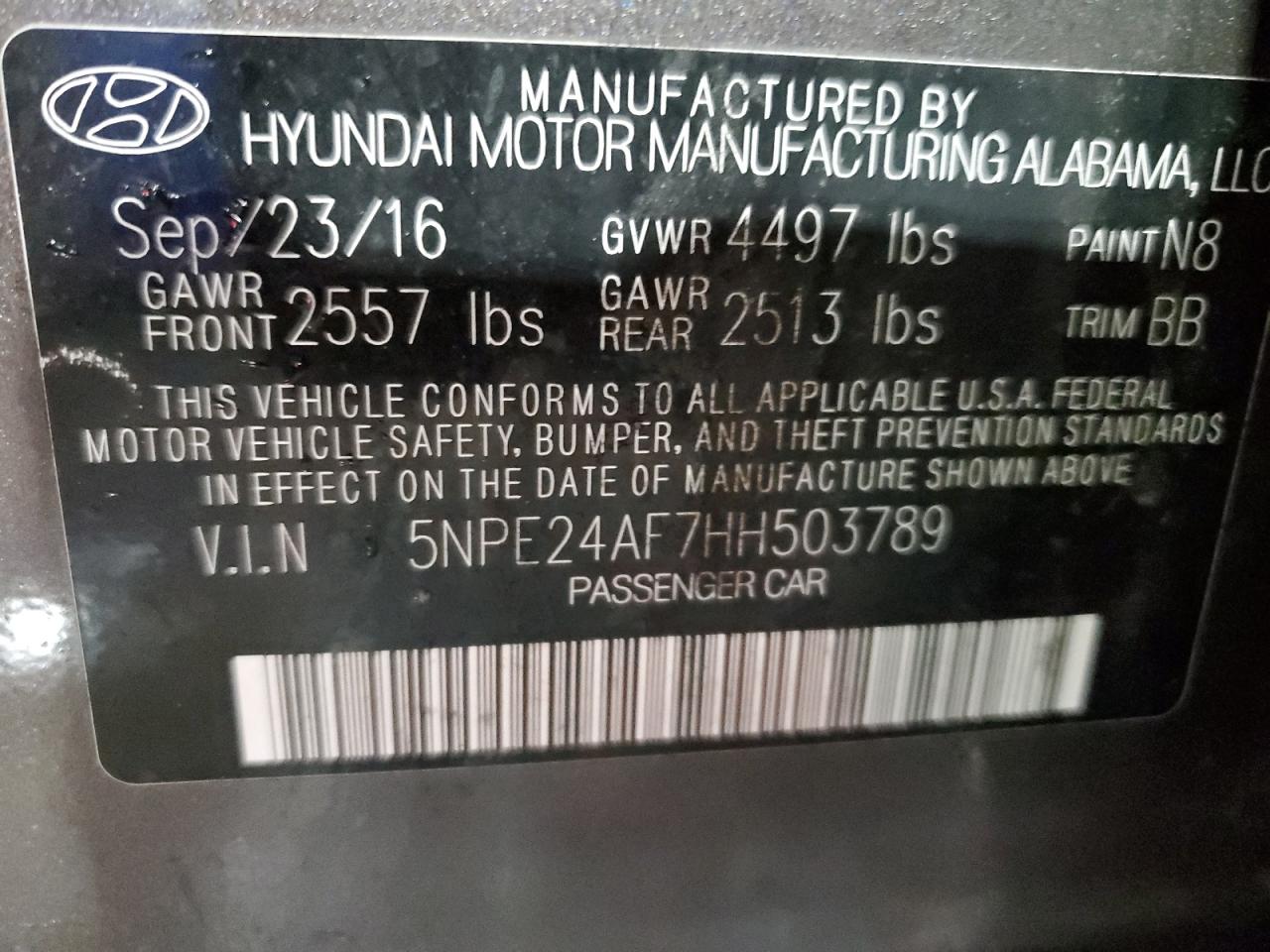 5NPE24AF7HH503789 2017 Hyundai Sonata Se