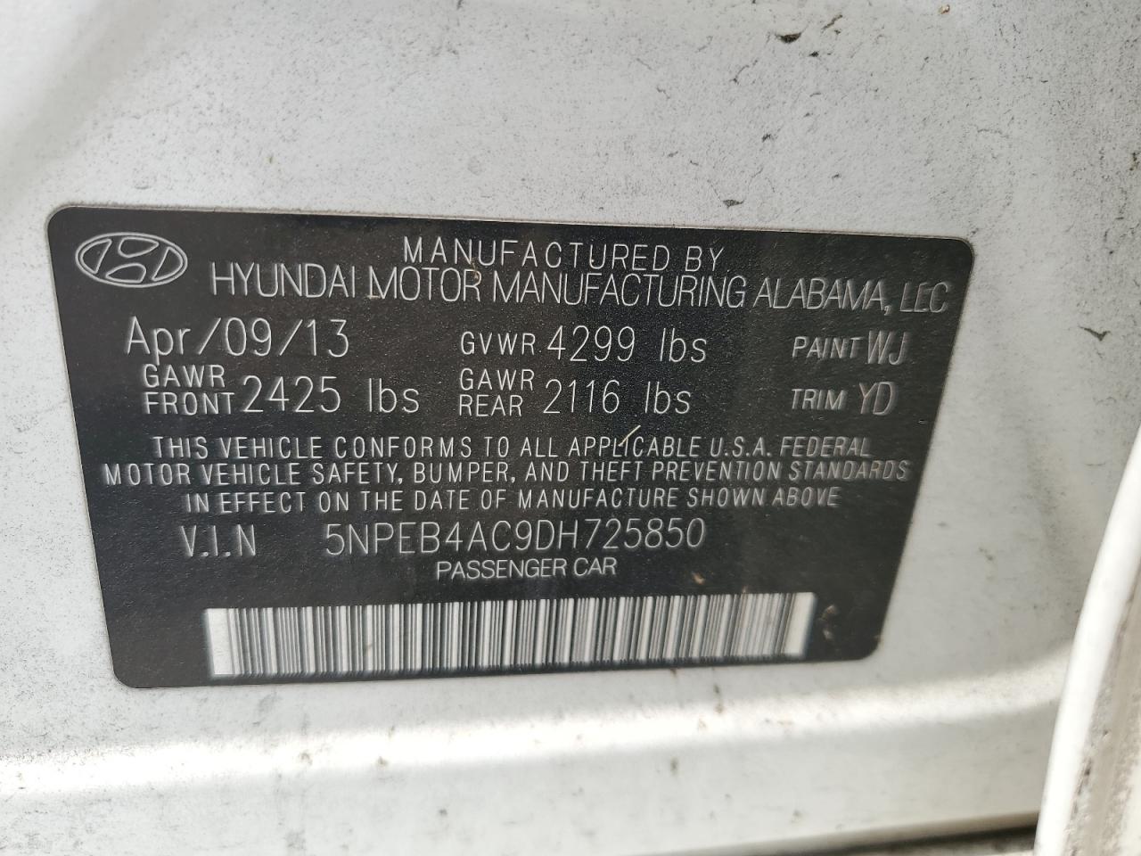 5NPEB4AC9DH725850 2013 Hyundai Sonata Gls