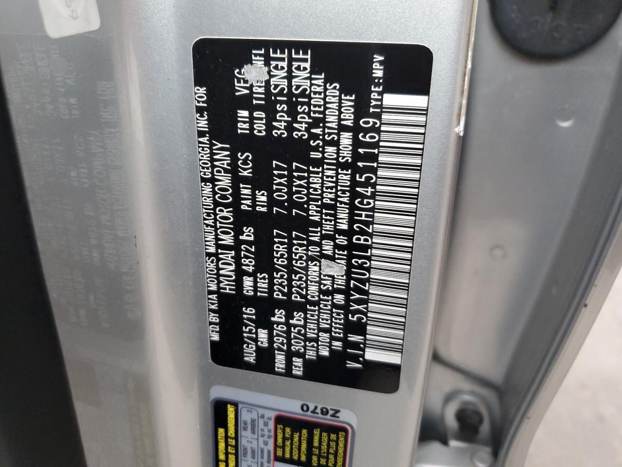 5XYZU3LB2HG451169 2017 Hyundai Santa Fe Sport