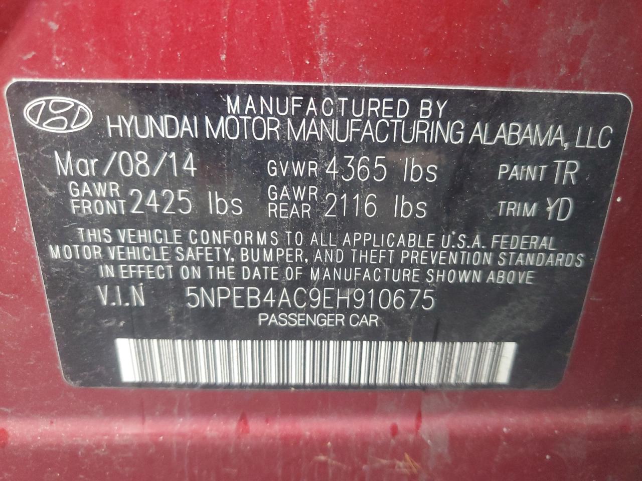 5NPEB4AC9EH910675 2014 Hyundai Sonata Gls