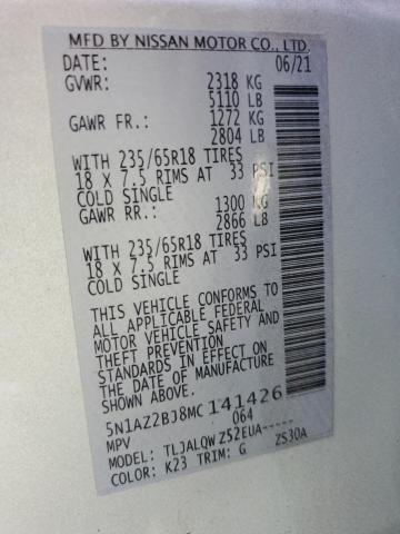 2021 Nissan Murano Sv VIN: 5N1AZ2BJ8MC141426 Lot: 56838264