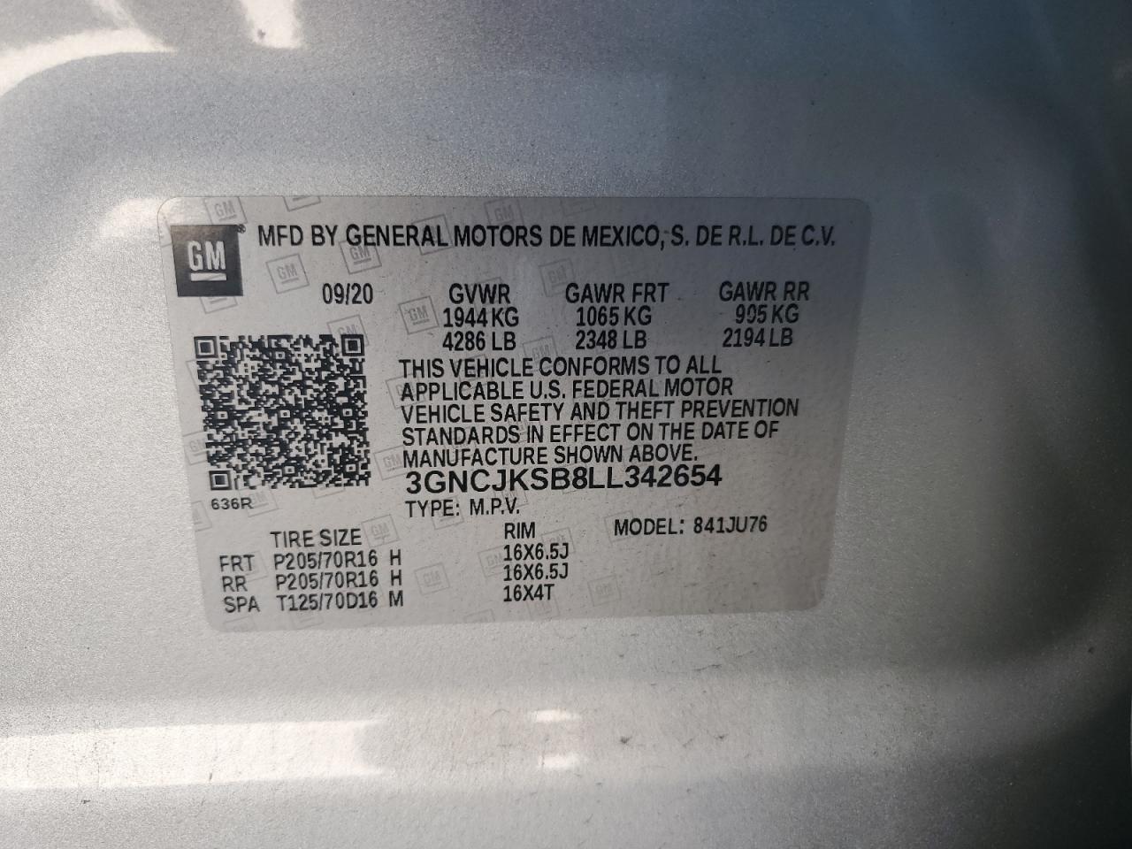 3GNCJKSB8LL342654 2020 Chevrolet Trax Ls