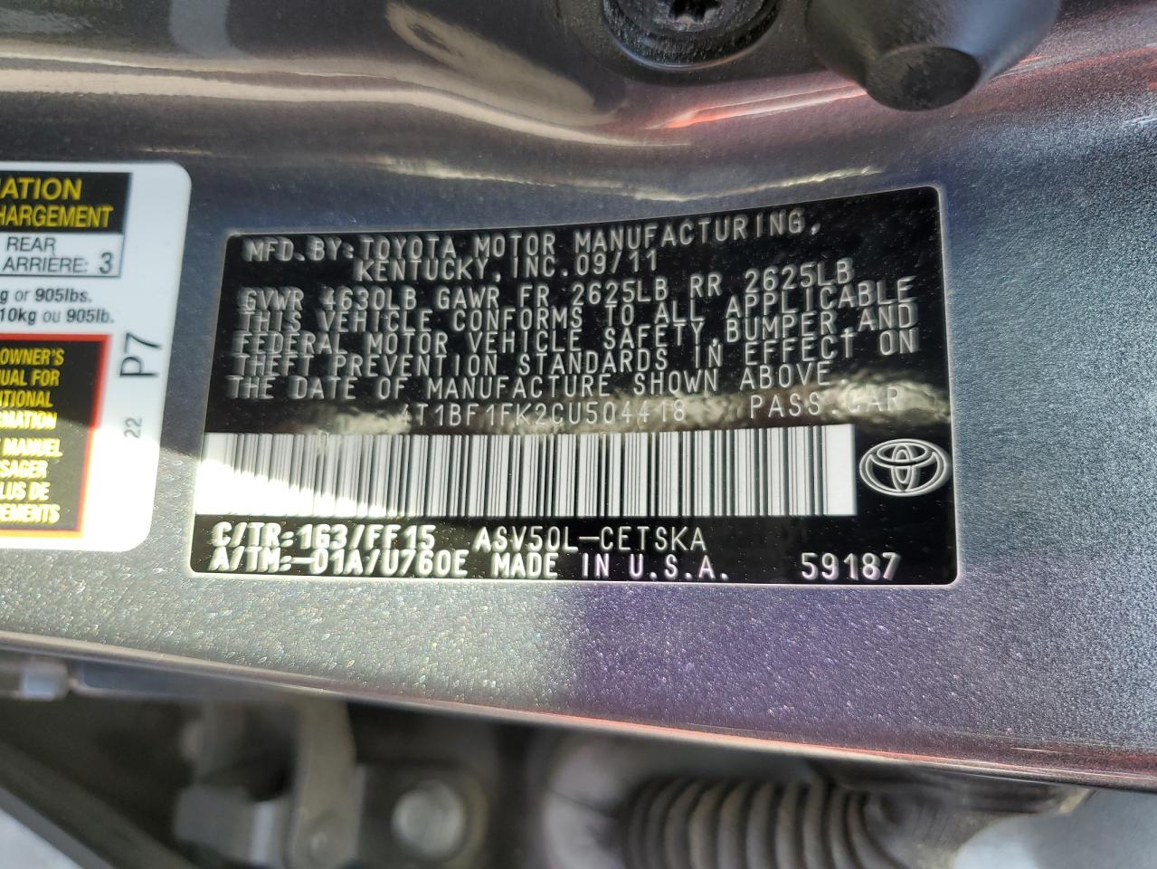 4T1BF1FK2CU504418 2012 Toyota Camry Base