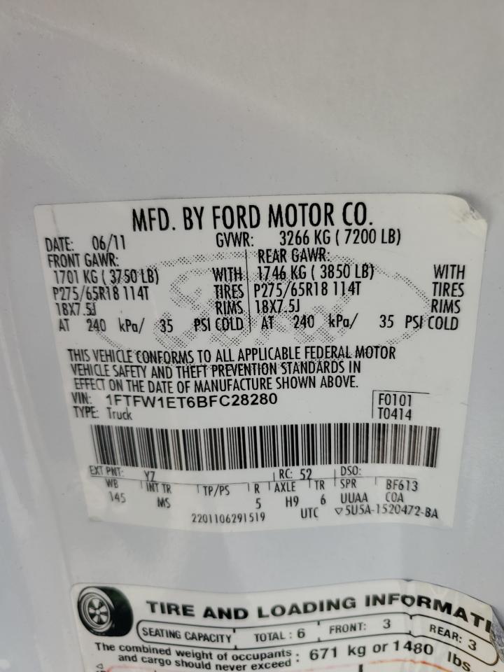 1FTFW1ET6BFC28280 2011 Ford F150 Supercrew