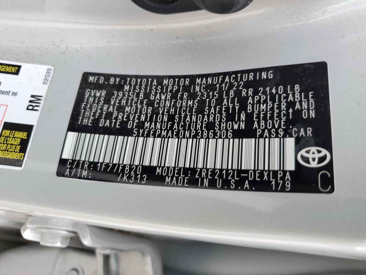 5YFEPMAE0NP386306 2022 Toyota Corolla Le