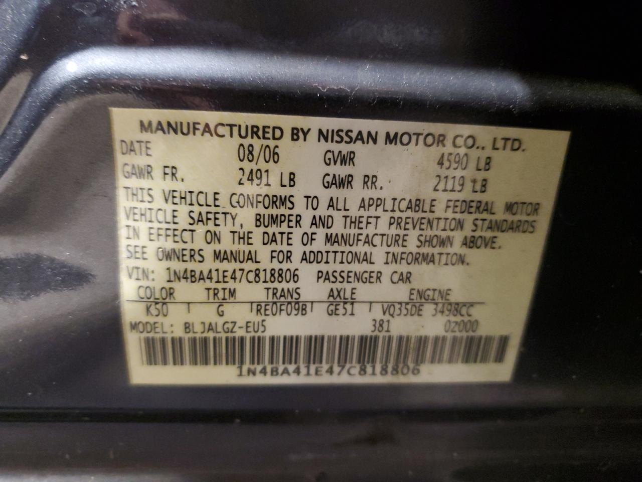 1N4BA41E47C818806 2007 Nissan Maxima Se