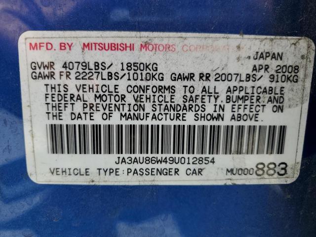 2009 Mitsubishi Lancer Gts VIN: JA3AU86W49U012854 Lot: 56701324