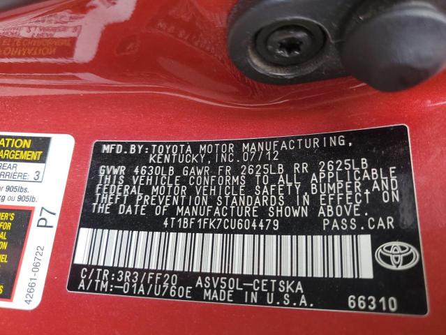 2012 Toyota Camry Base VIN: 4T1BF1FK7CU604479 Lot: 53643044