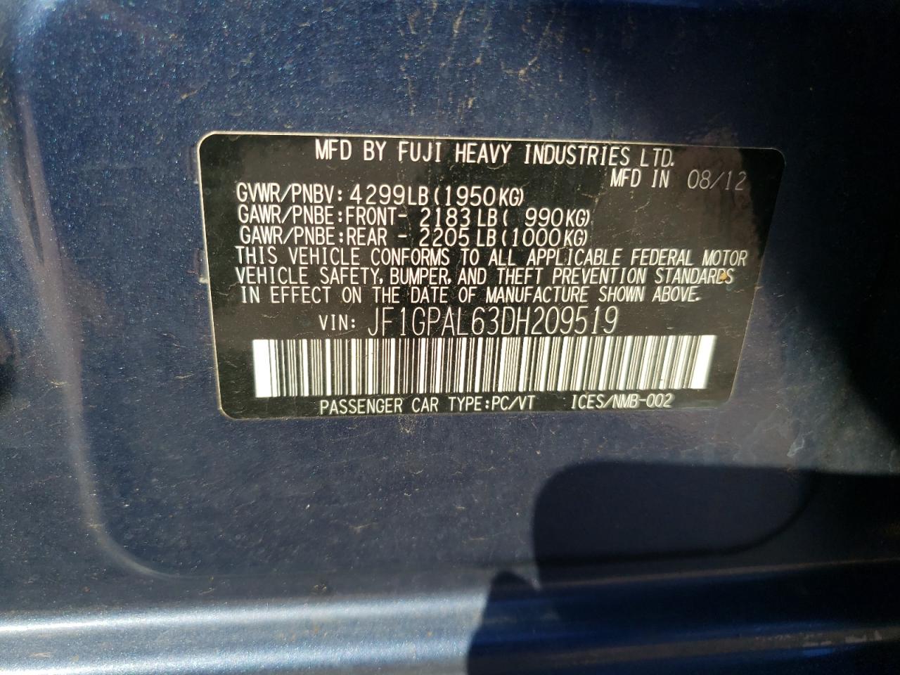 JF1GPAL63DH209519 2013 Subaru Impreza Sport Premium