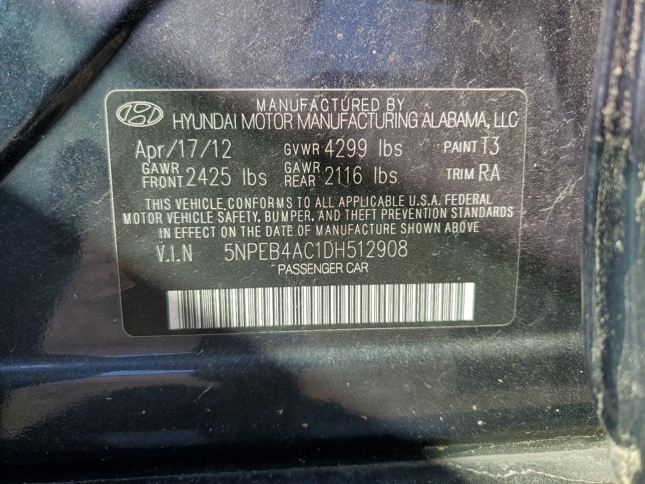 5NPEB4AC1DH512908 2013 Hyundai Sonata Gls