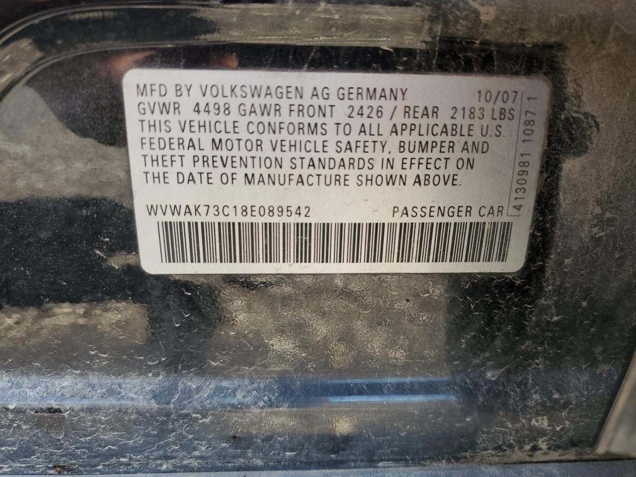 WVWAK73C18E089542 2008 Volkswagen Passat Komfort