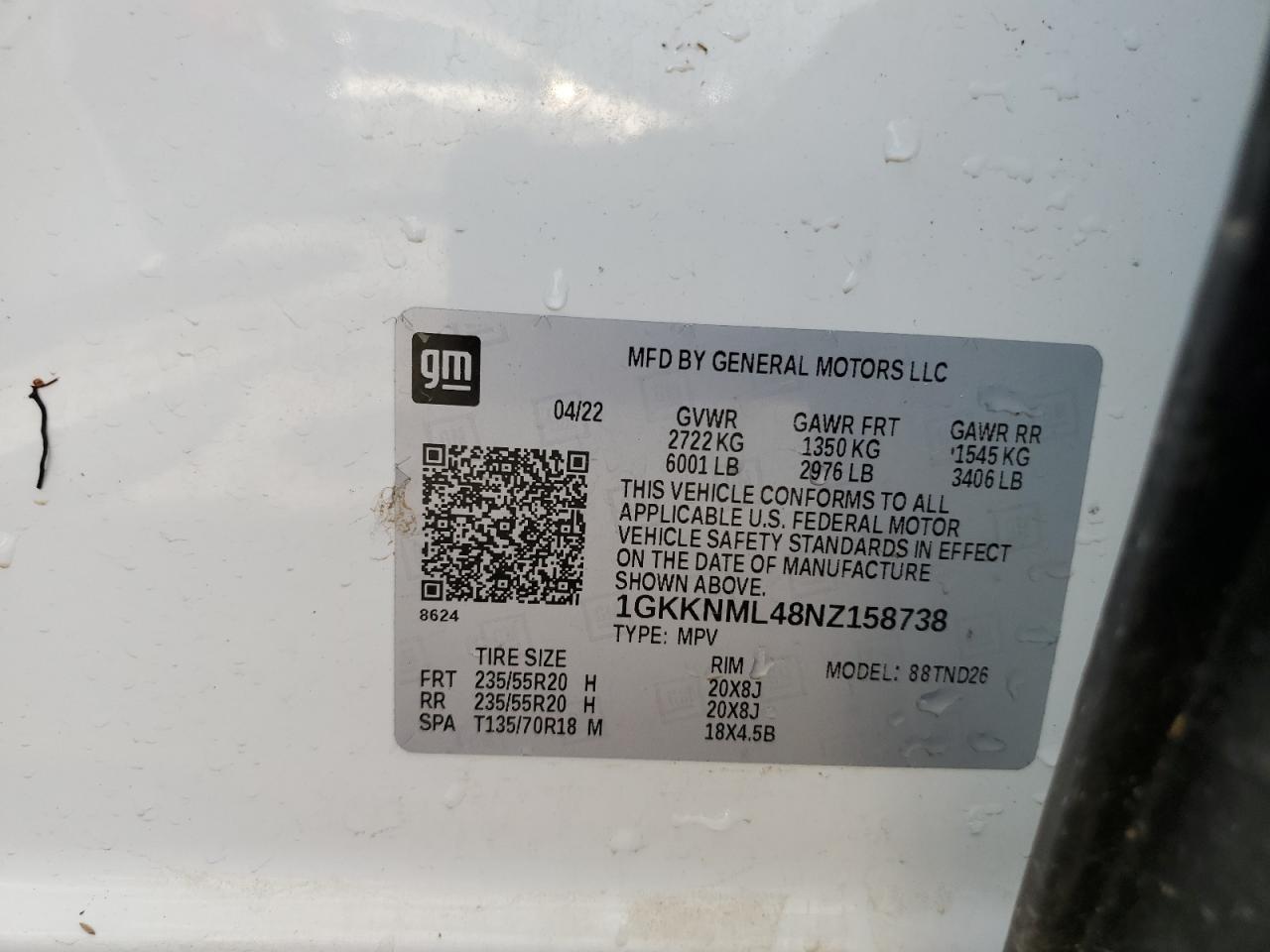 1GKKNML48NZ158738 2022 GMC Acadia Slt