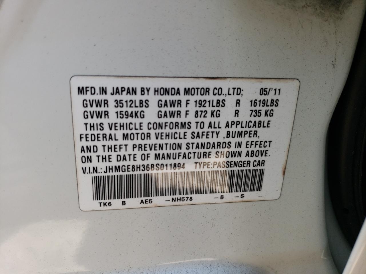 JHMGE8H36BS011894 2011 Honda Fit