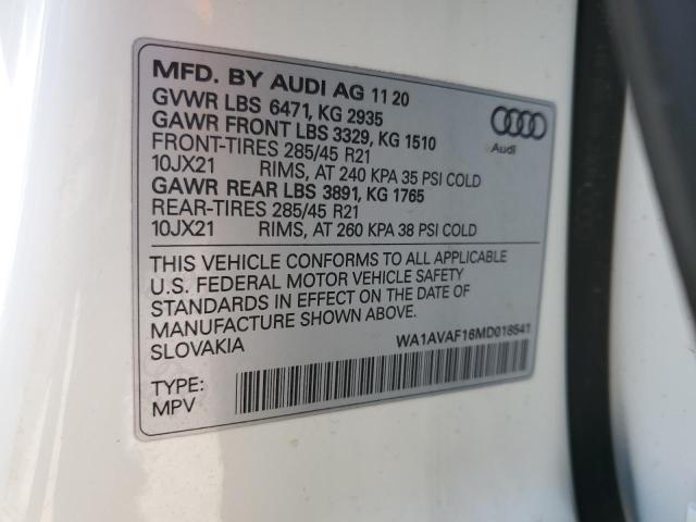 2021 Audi Q8 Premium VIN: WA1AVAF16MD018541 Lot: 53047734