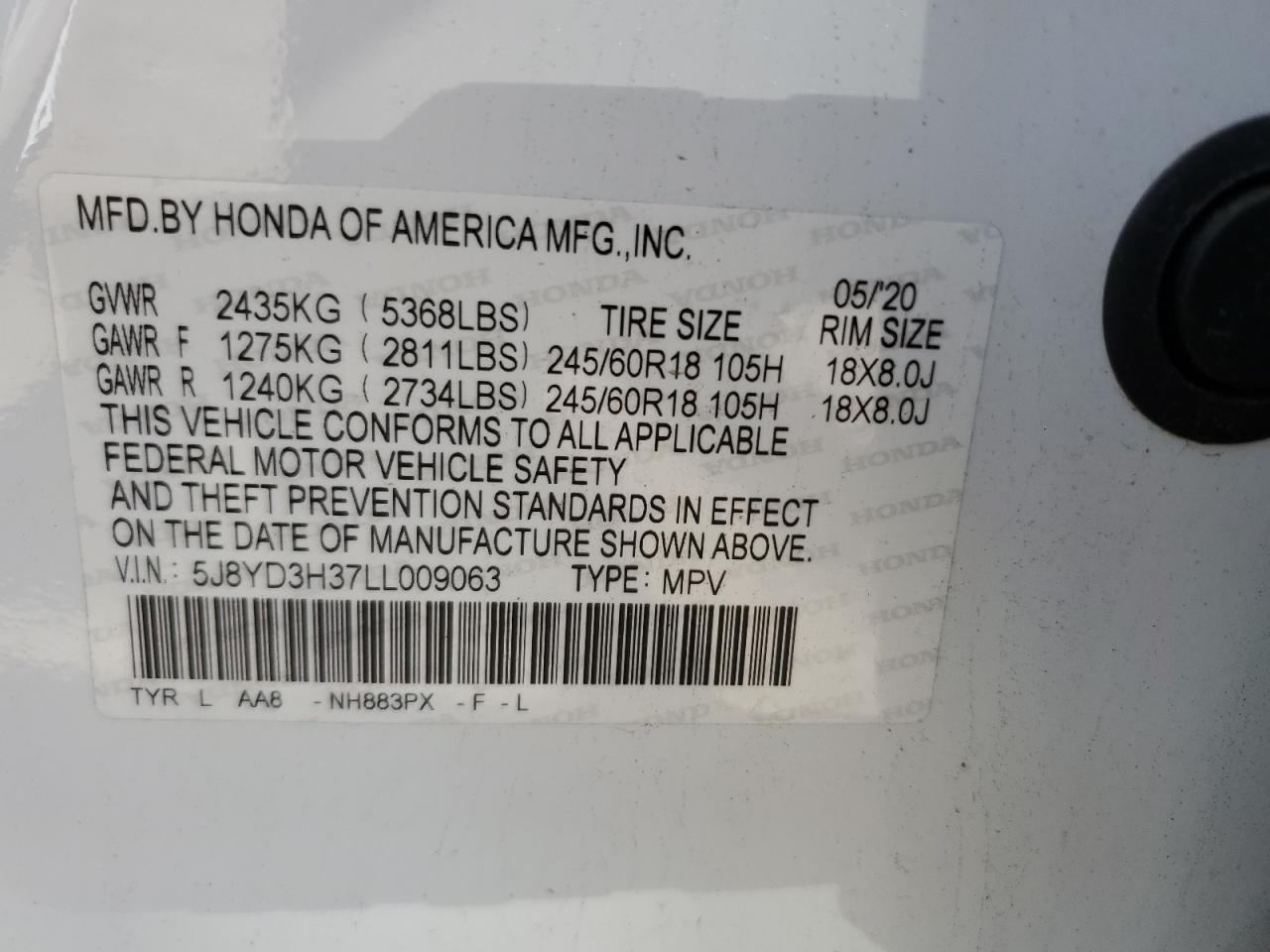 5J8YD3H37LL009063 2020 Acura Mdx