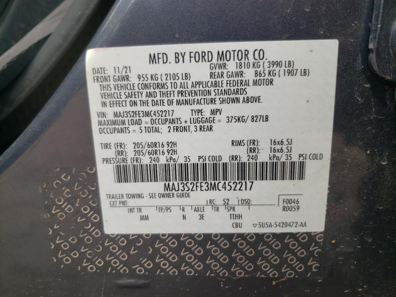 MAJ3S2FE3MC452217 2021 Ford Ecosport S