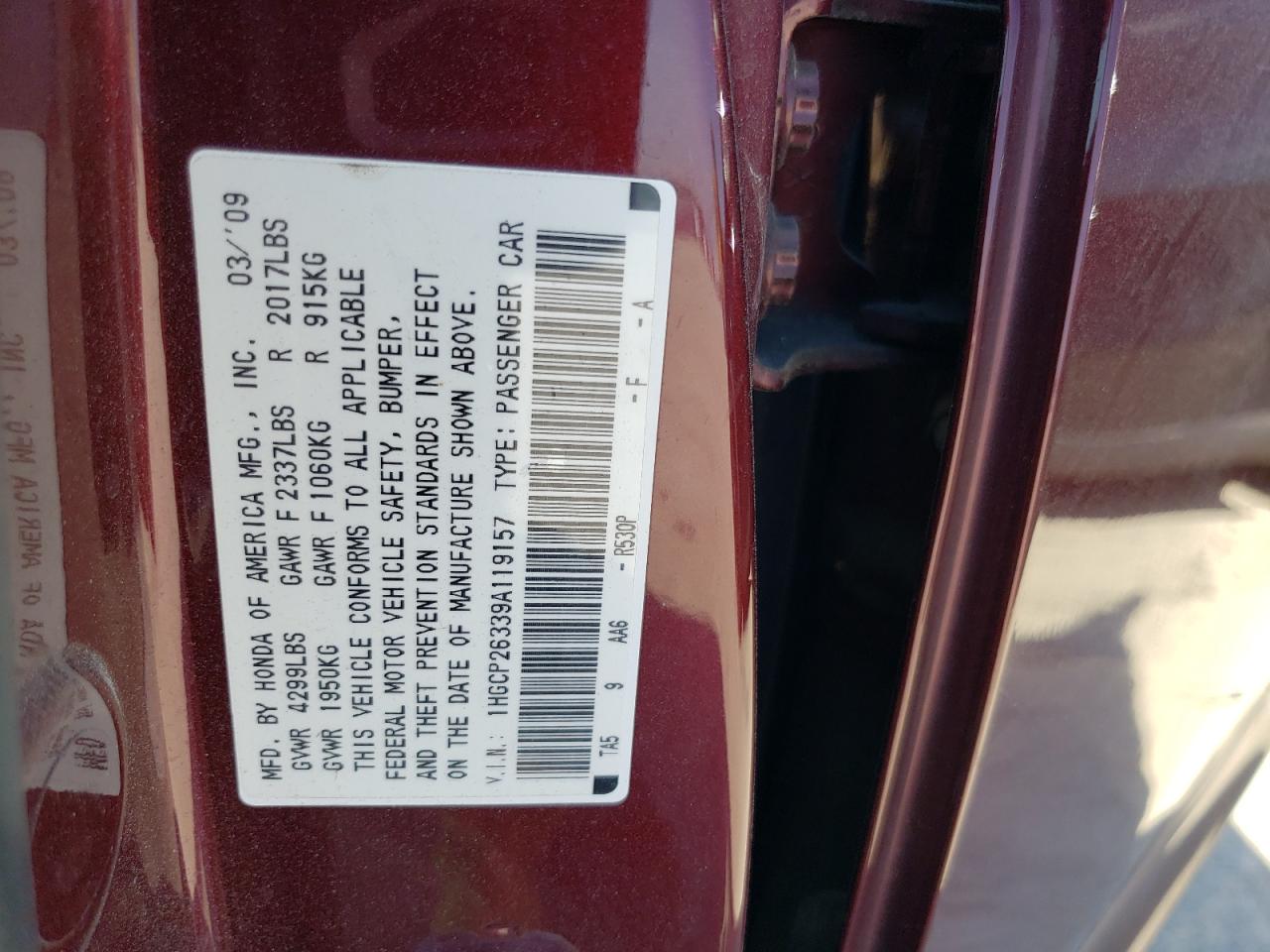 1HGCP26339A119157 2009 Honda Accord Lx