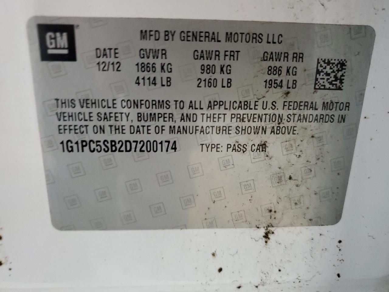 1G1PC5SB2D7200174 2013 Chevrolet Cruze Lt