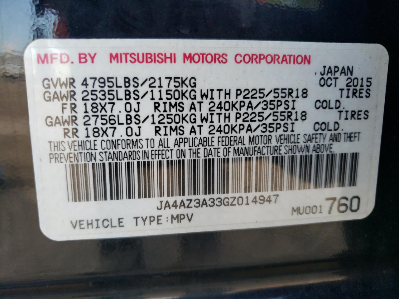 JA4AZ3A33GZ014947 2016 Mitsubishi Outlander Se