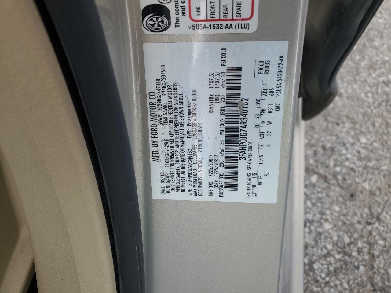 3FAHP0JG7AR340182 2010 Ford Fusion Sel