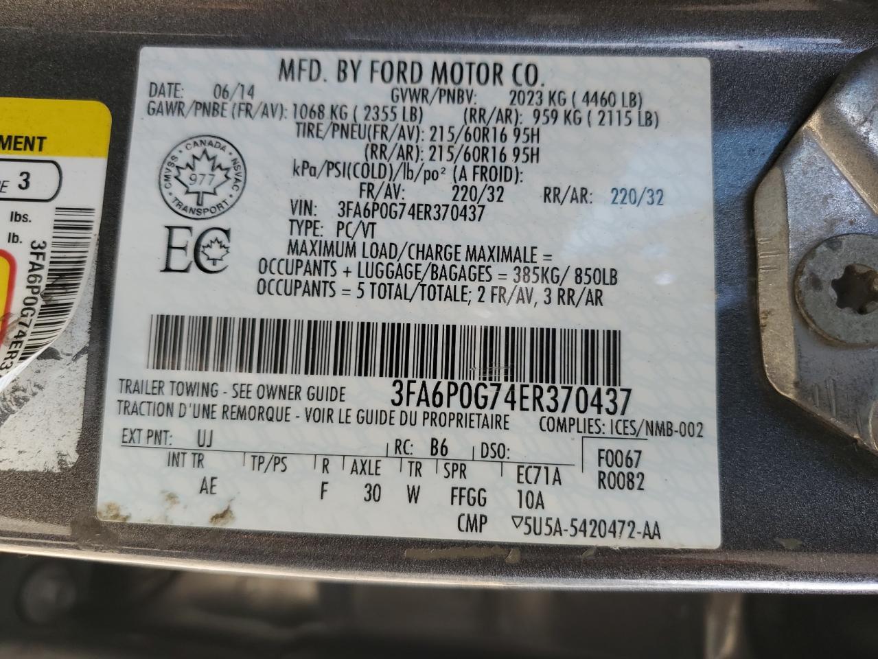 3FA6P0G74ER370437 2014 Ford Fusion S