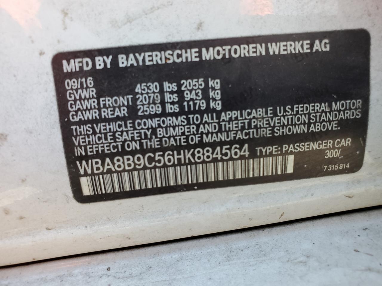 WBA8B9C56HK884564 2017 BMW 330 I