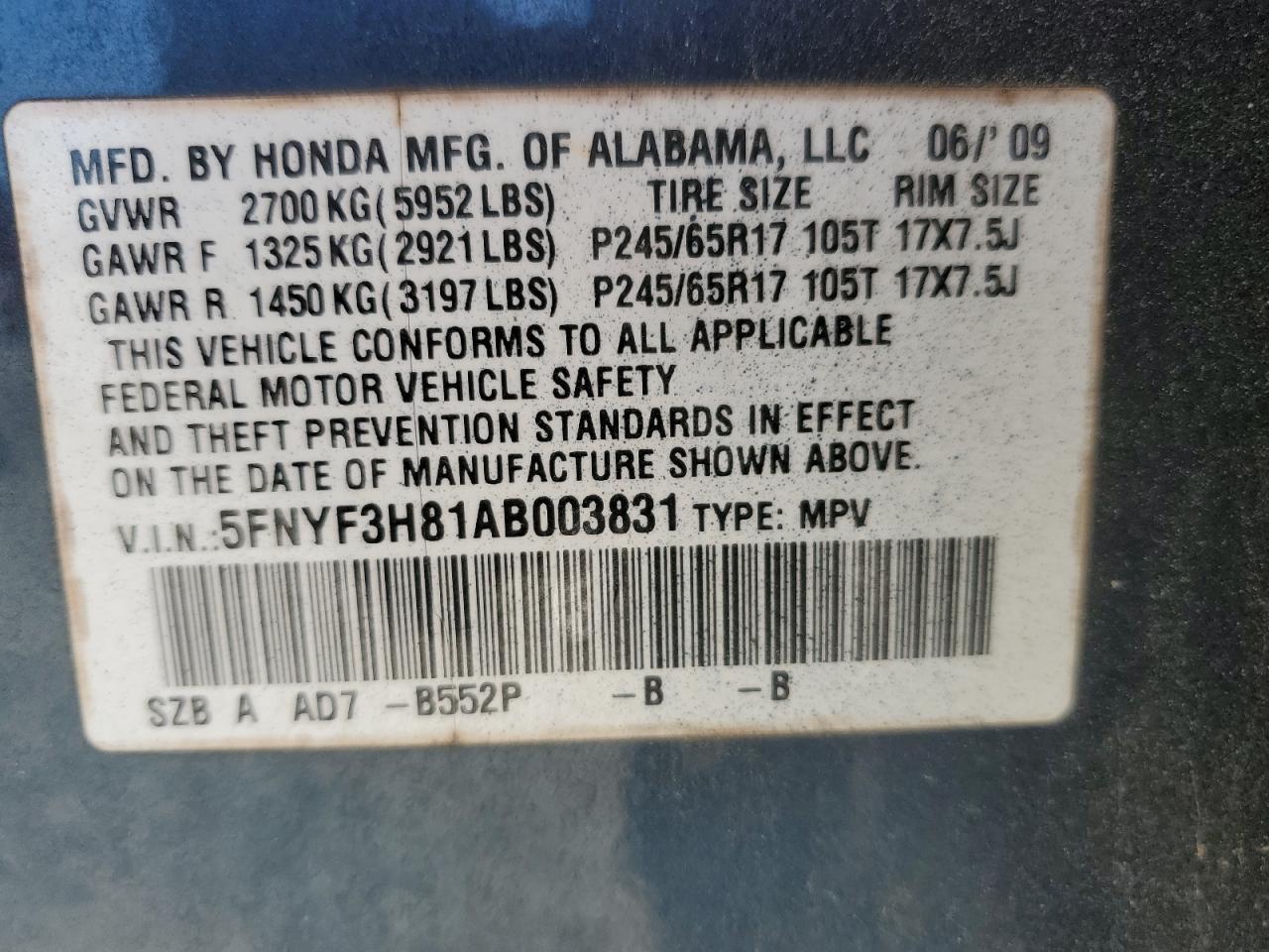 5FNYF3H81AB003831 2010 Honda Pilot Touring