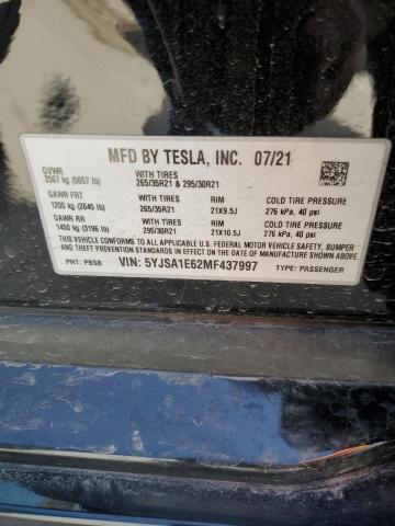 2021 Tesla Model S VIN: 5YJSA1E62MF437997 Lot: 55187744