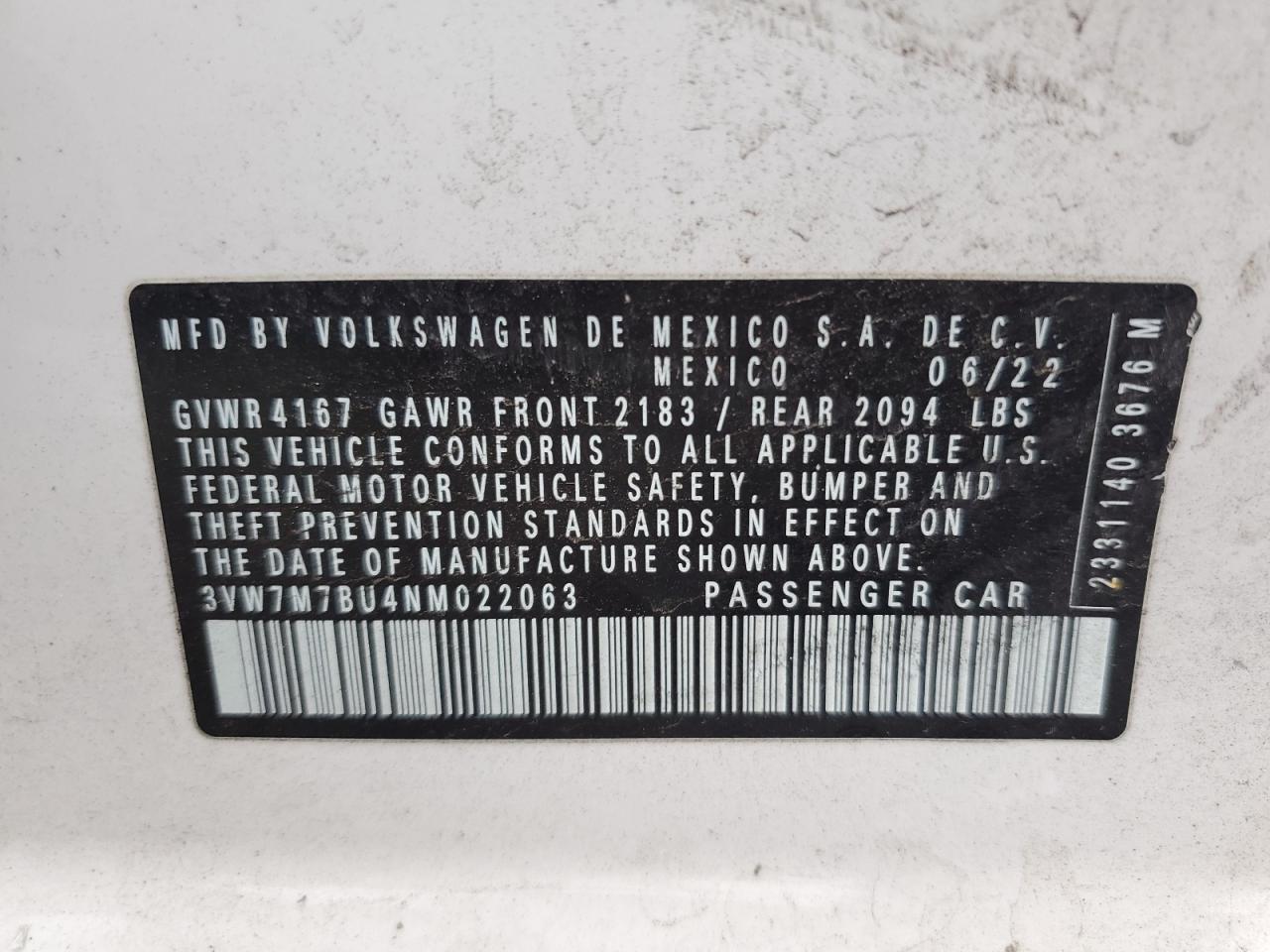 3VW7M7BU4NM022063 2022 Volkswagen Jetta Se