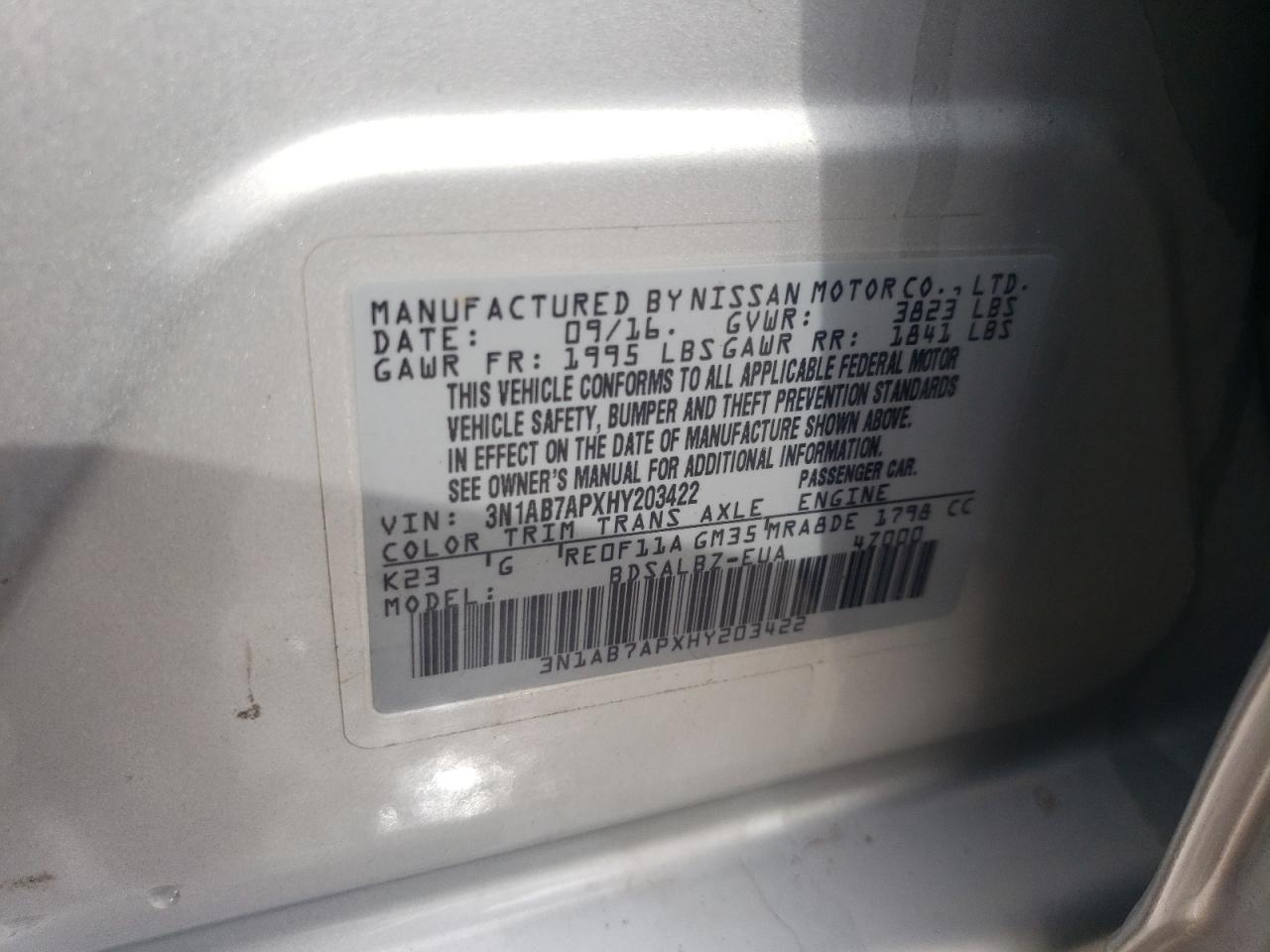 3N1AB7APXHY203422 2017 Nissan Sentra S