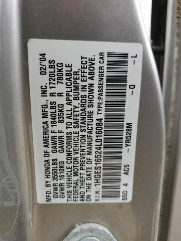 2004 Honda Civic Lx VIN: 1HGES16524L016084 Lot: 55797024