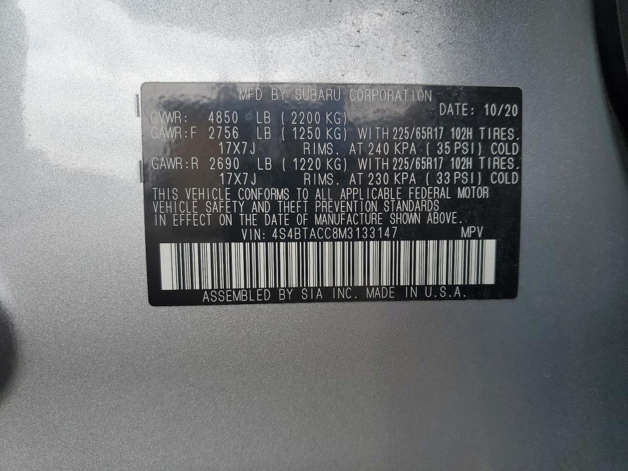 4S4BTACC8M3133147 2021 Subaru Outback Premium