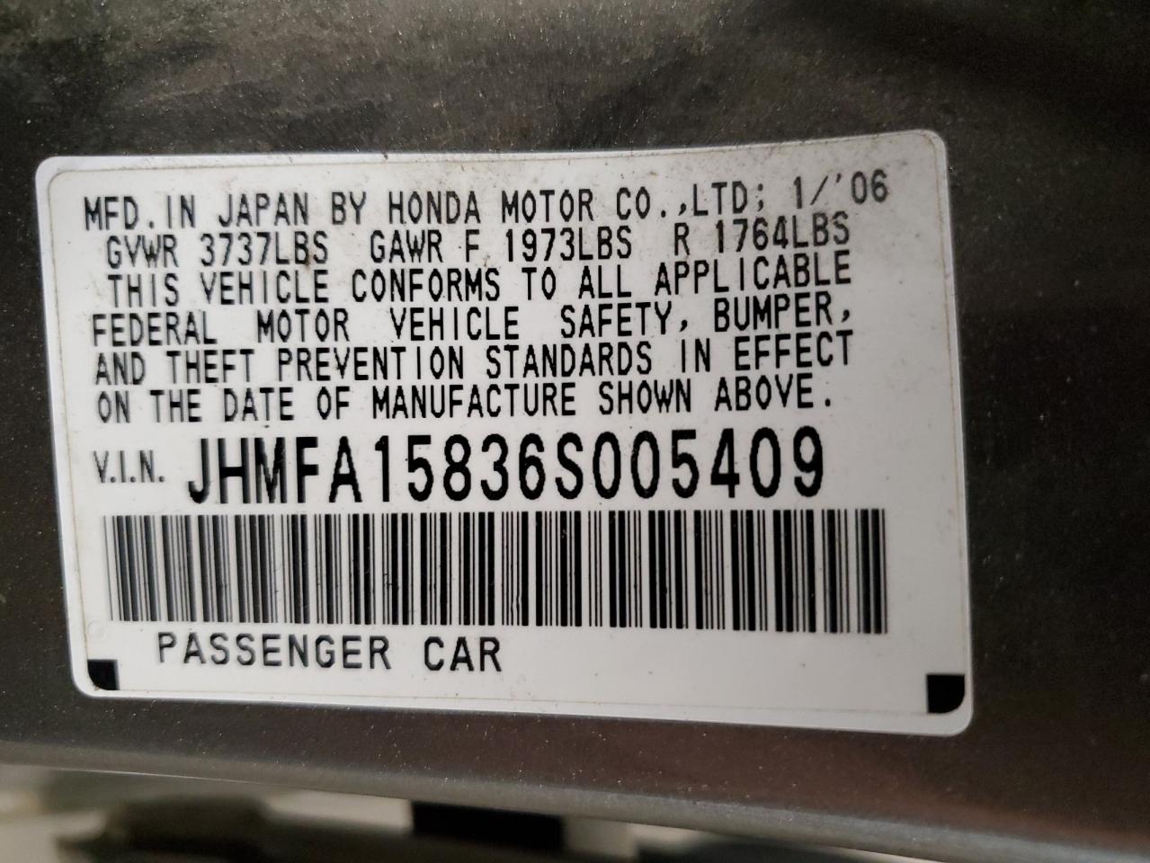 JHMFA15836S005409 2006 Honda Civic Ex