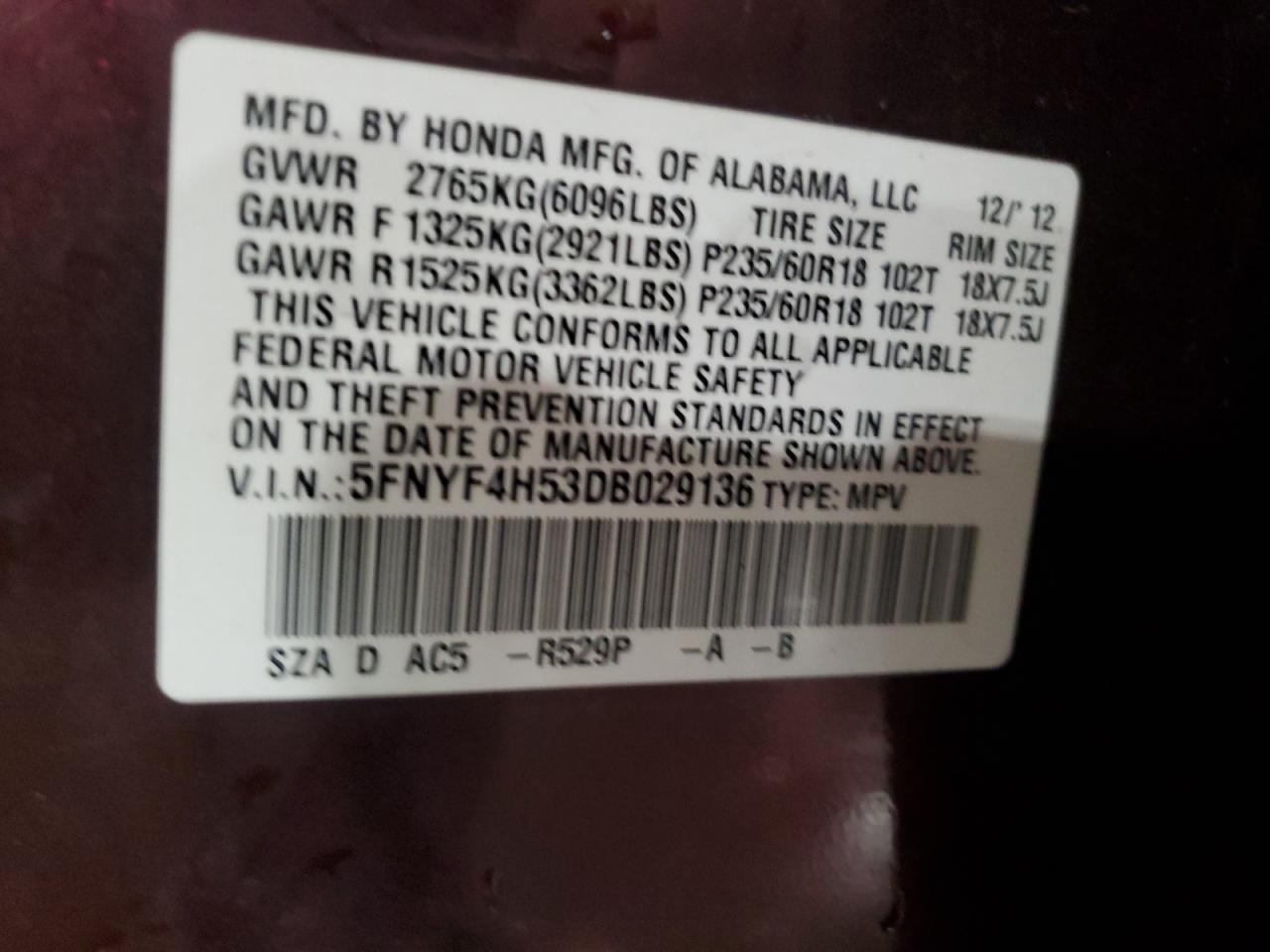 5FNYF4H53DB029136 2013 Honda Pilot Exl