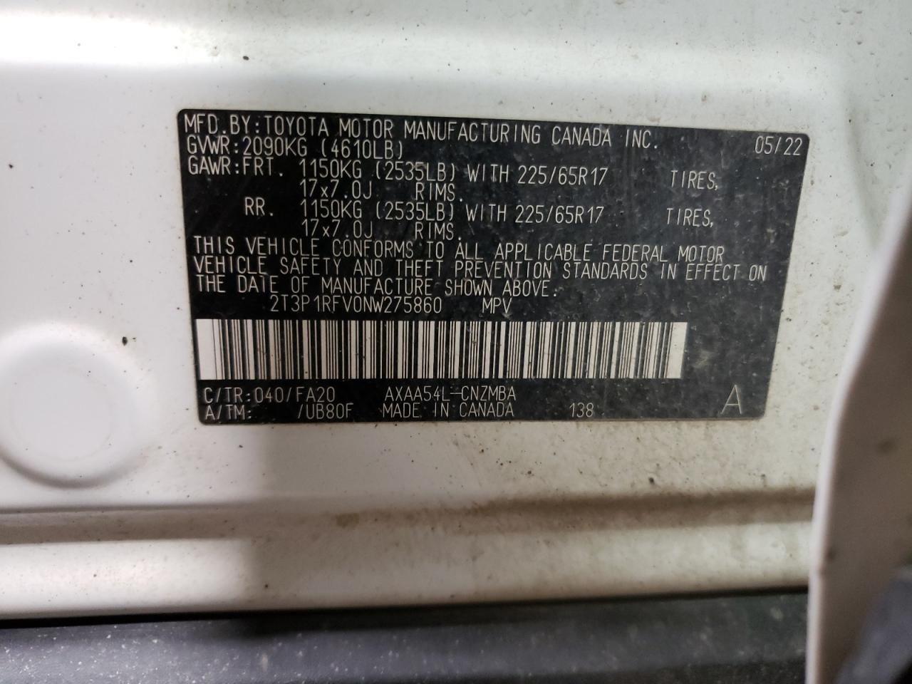 2T3P1RFV0NW275860 2022 Toyota Rav4 Xle