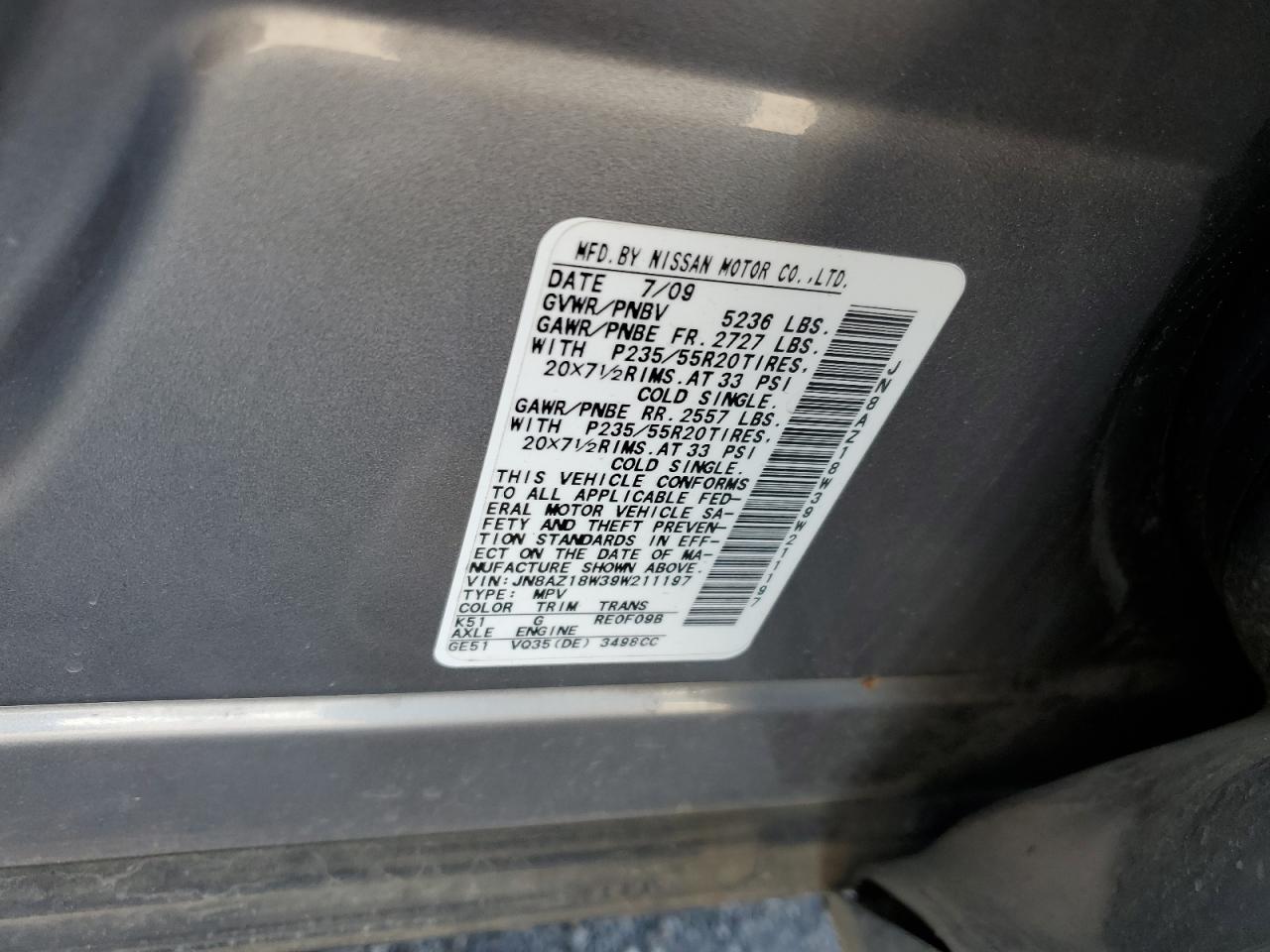 JN8AZ18W39W211197 2009 Nissan Murano S