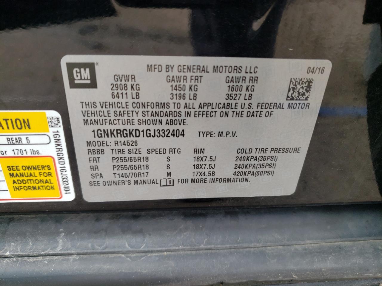 1GNKRGKD1GJ332404 2016 Chevrolet Traverse Lt