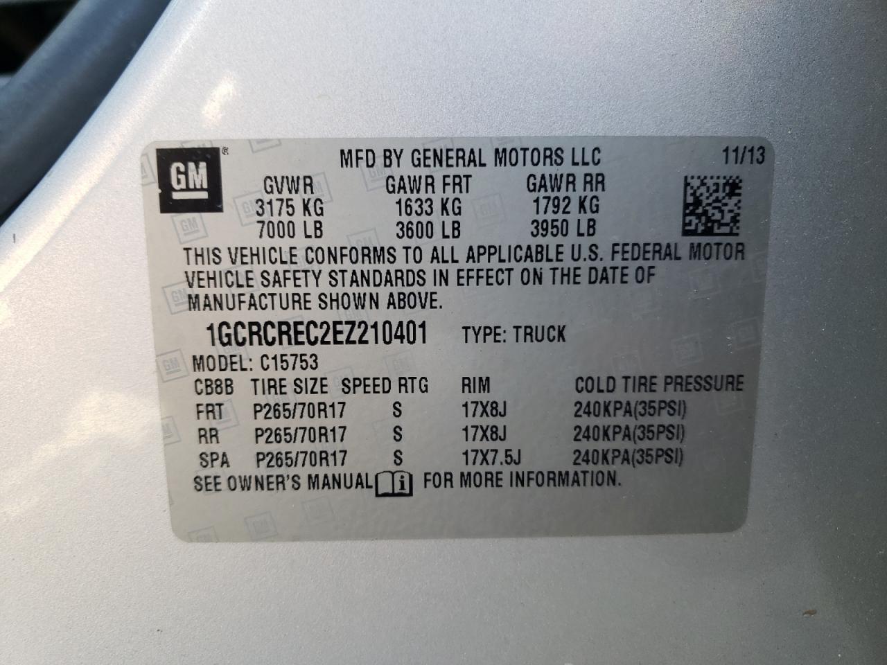 1GCRCREC2EZ210401 2014 Chevrolet Silverado C1500 Lt