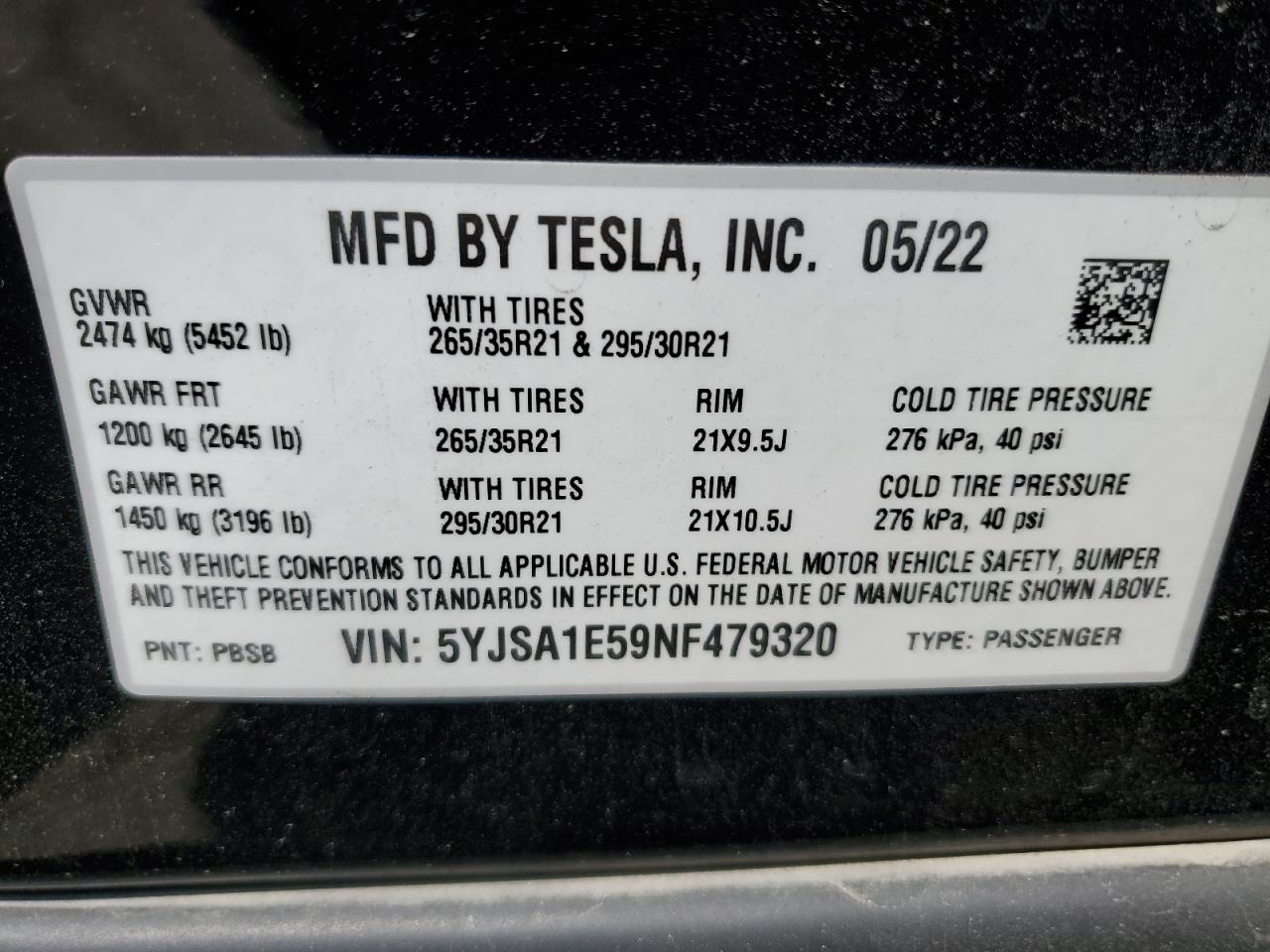 5YJSA1E59NF479320 2022 Tesla Model S