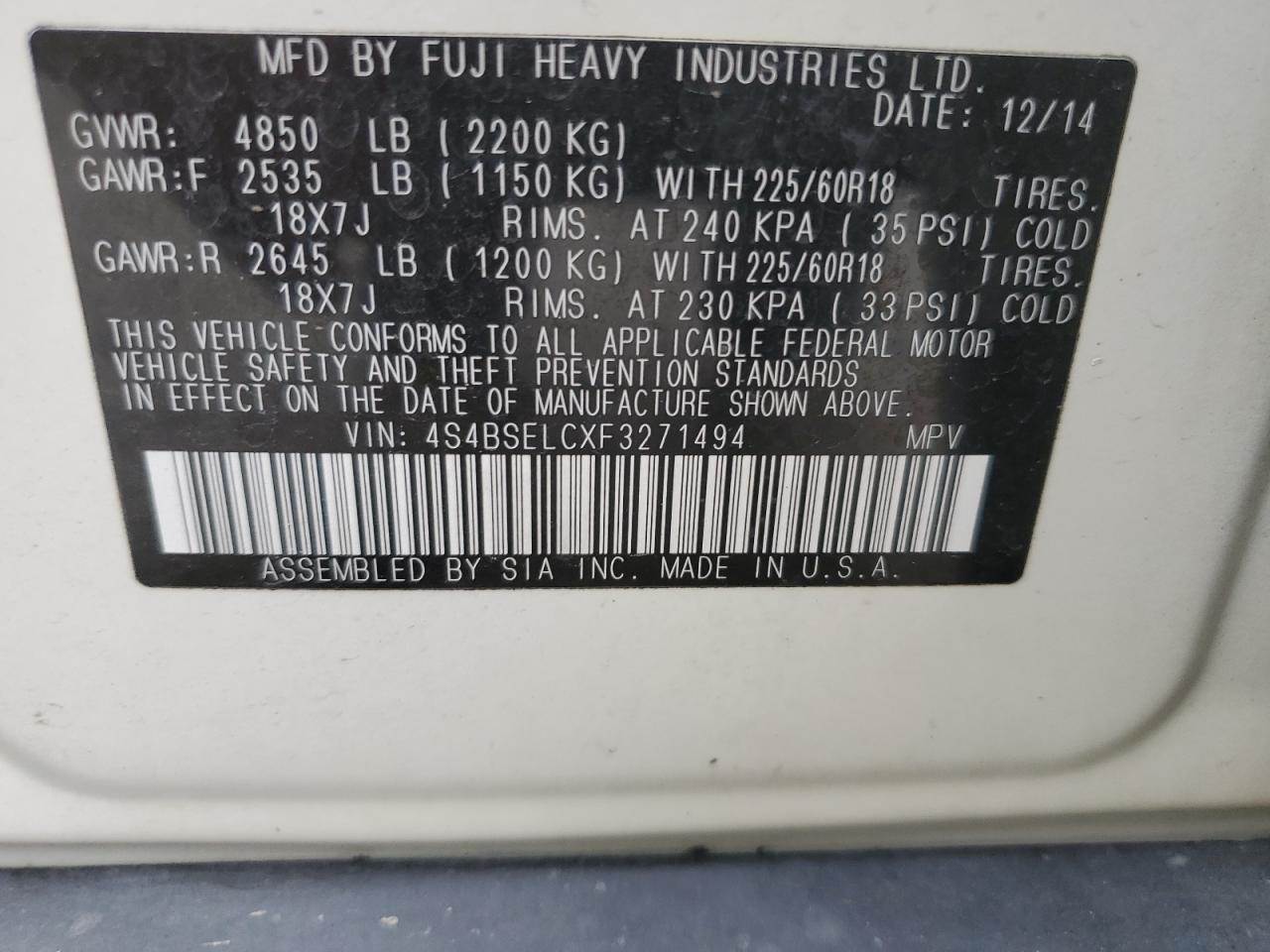 4S4BSELCXF3271494 2015 Subaru Outback 3.6R Limited