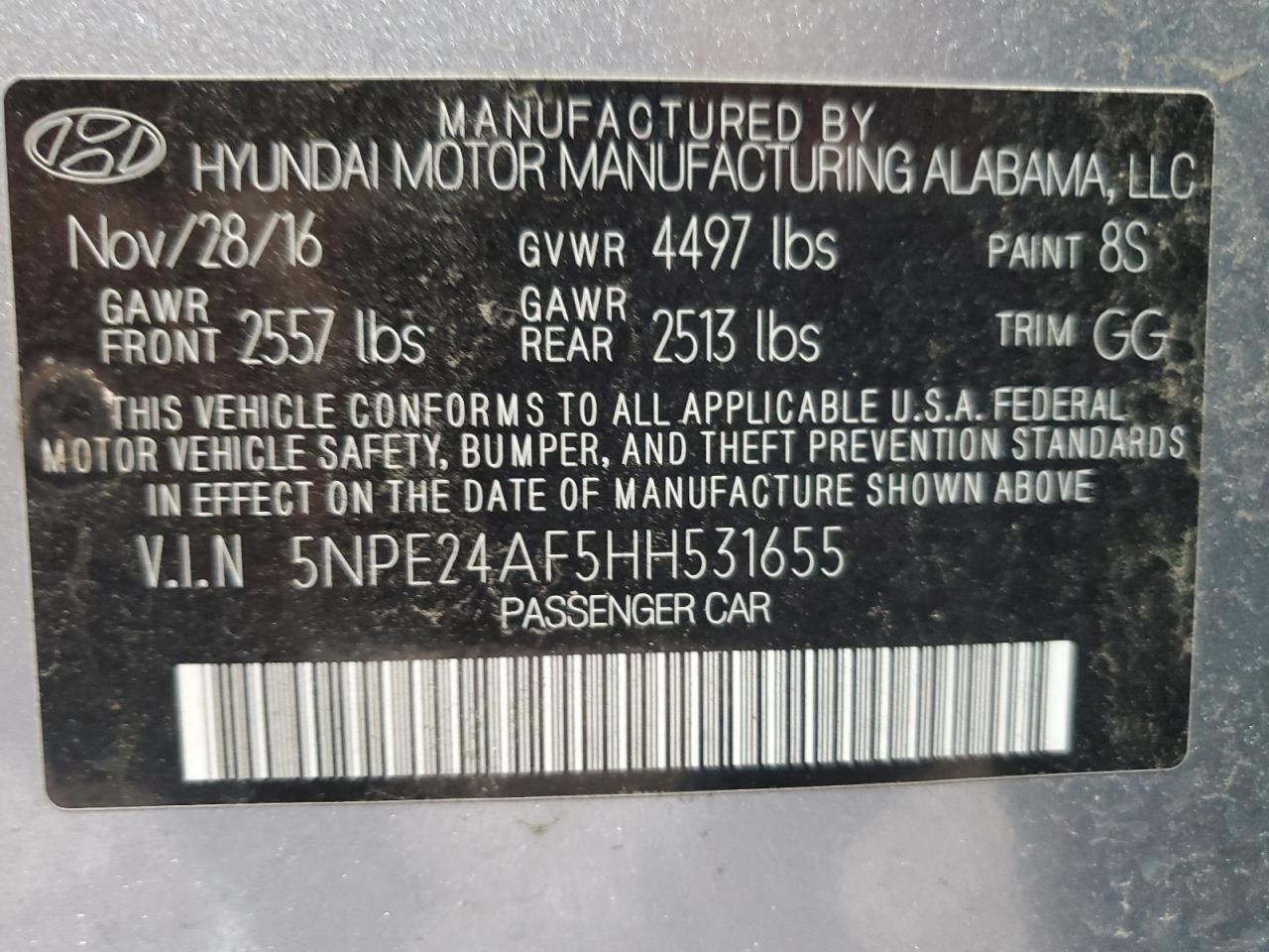 5NPE24AF5HH531655 2017 Hyundai Sonata Se