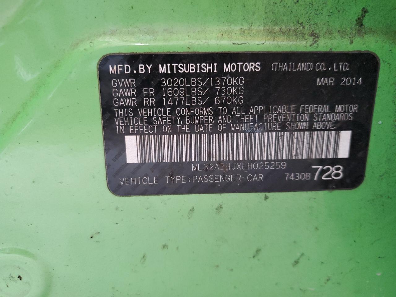 ML32A3HJXEH025259 2014 Mitsubishi Mirage De