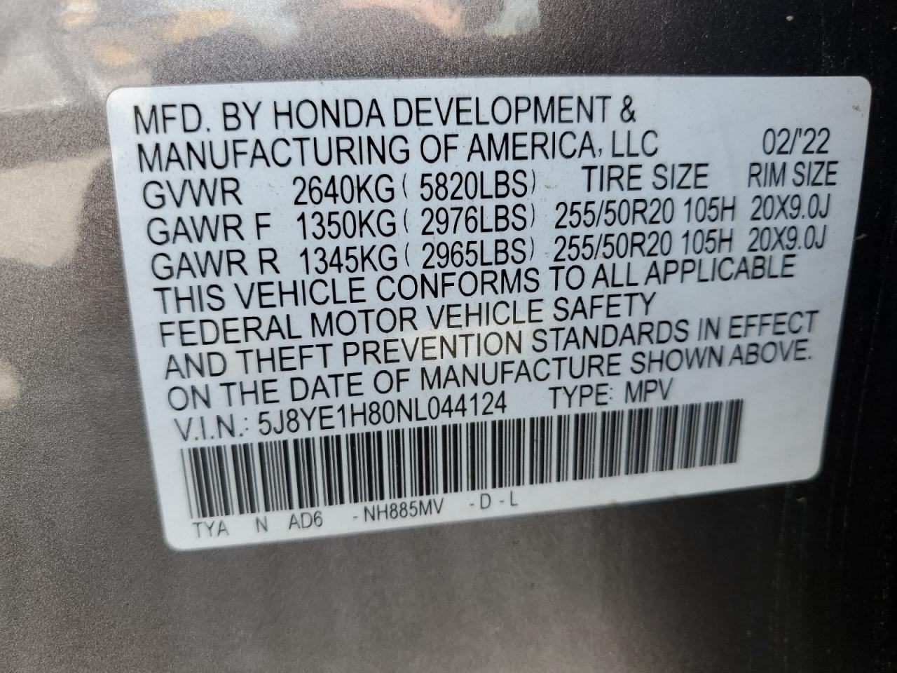 5J8YE1H80NL044124 2022 Acura Mdx Advance