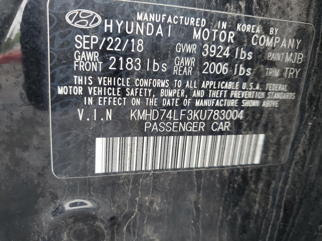 KMHD74LF3KU783004 2019 Hyundai Elantra Se