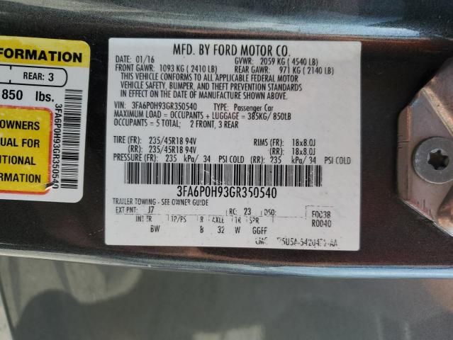 2016 Ford Fusion Se VIN: 3FA6P0H93GR350540 Lot: 55874444