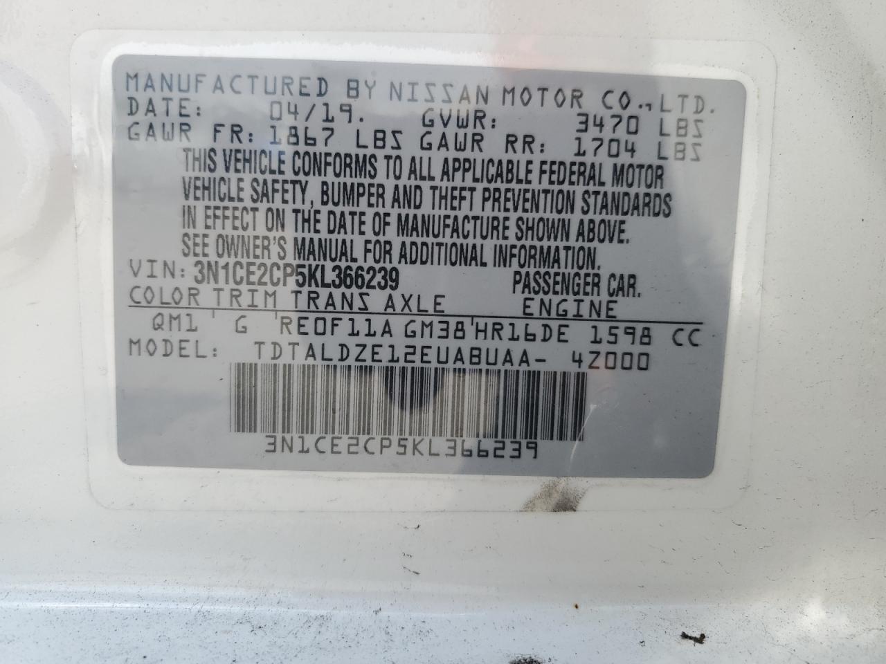 3N1CE2CP5KL366239 2019 Nissan Versa Note S